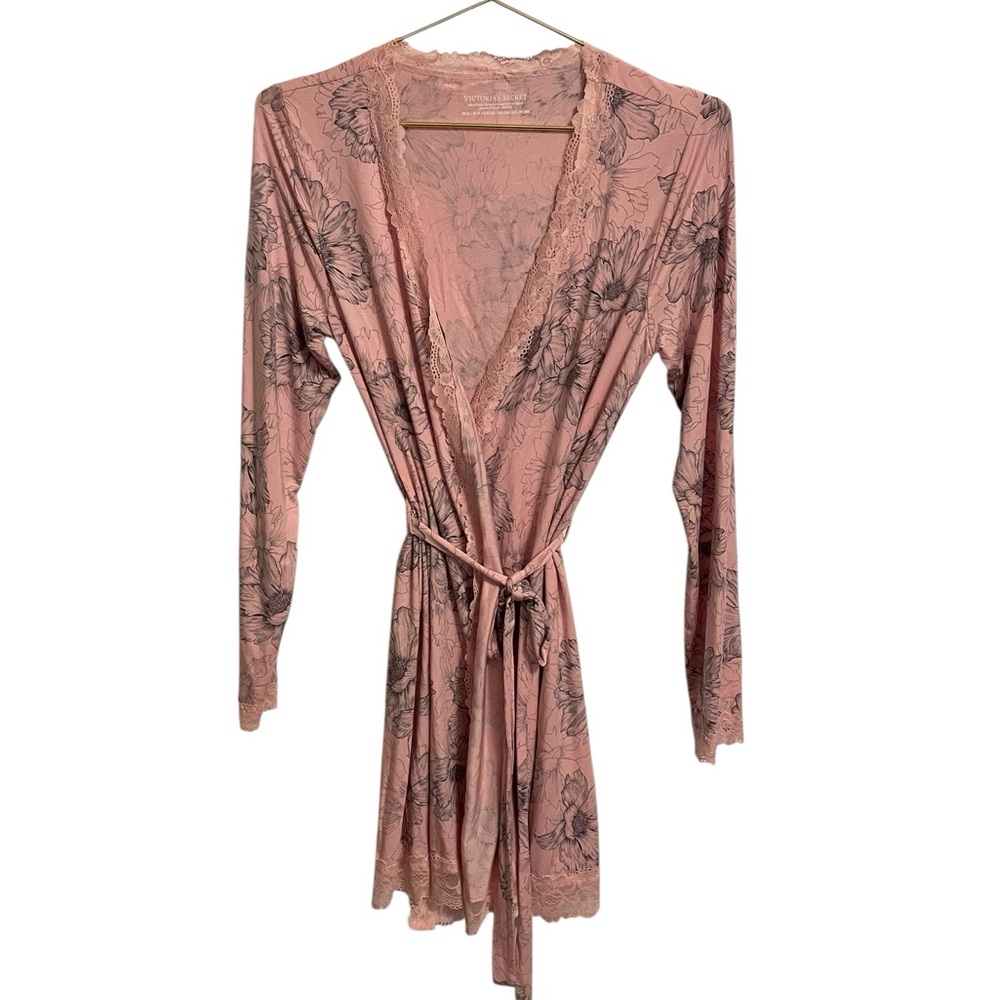 Victoria's Secret Pink Floral Lace Trim Short Robe XS/S Loungewear Wrap - Picture 2 of 6